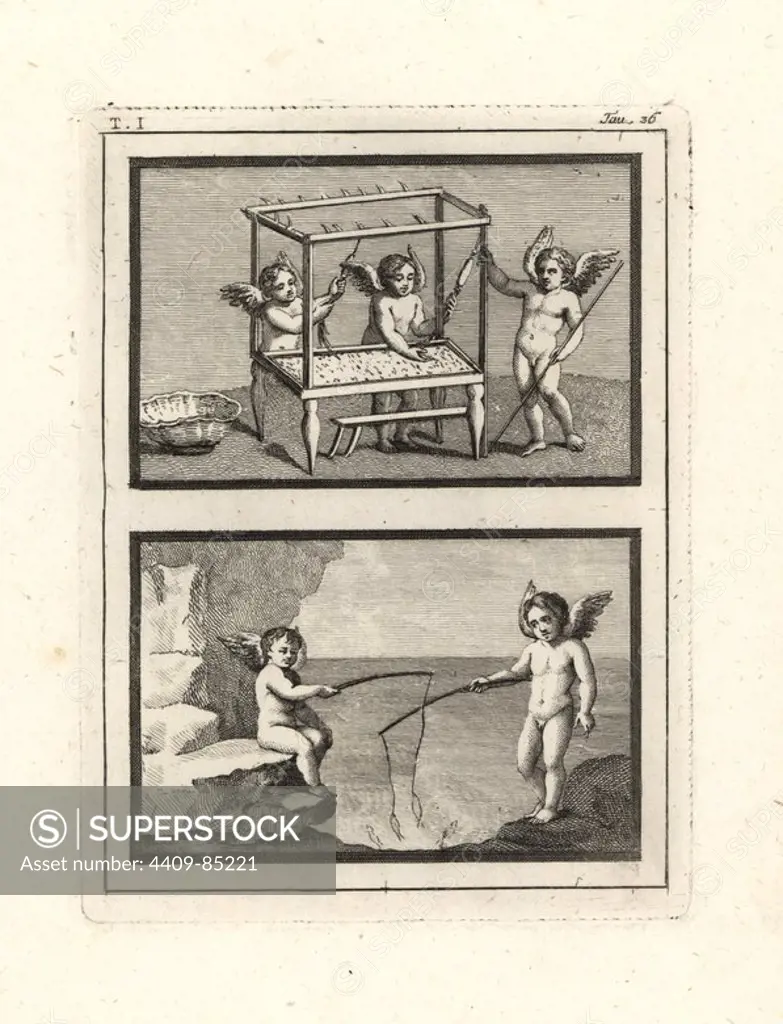 Vignettes of Cupids playing and working. Above, according to Visconti, this curious image shows three cupids making Vittae, small scalloped ribbons to decorate temples, victims and religious objects. Below, two genii enjoy fishing with rods. Copperplate engraved by Tommaso Piroli from his own "Antichita di Ercolano" (Antiquities of Herculaneum), Rome, 1789. Italian artist and engraver Piroli (1752-1824) published six volumes between 1789 and 1807 documenting the murals and bronzes found in Heraculaneum and Pompeii.