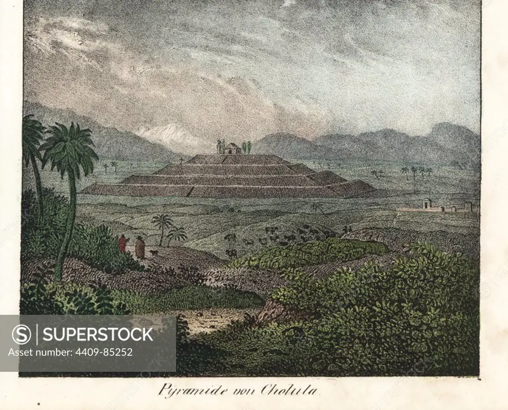 Great Pyramid of Cholula or Tlachihualtepetl dedicated to the god Quetzalcoatl in Mexico. Handcoloured lithograph from Friedrich Wilhelm Goedsche's "Vollstaendige Völkergallerie in getreuen Abbildungen" (Complete Gallery of Peoples in True Pictures), Meissen, circa 1835-1840. Goedsche (1785-1863) was a German writer, bookseller and publisher in Meissen. Many of the illustrations were adapted from Bertuch's "Bilderbuch fur Kinder" and others.
