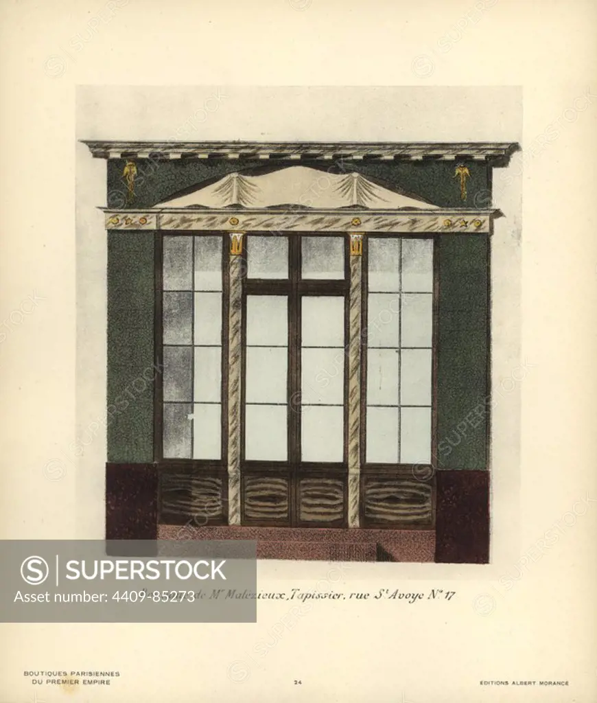 Shopfront of Monsieur Malezieux's wallpaper shop, 17 rue St. Avoye, Paris, circa 1800. Handcoloured lithograph from Hector-Martin Lefuel's "Boutiques Parisiennes du Premier Empire," (Parisian Stores of the First Empire), Paris, Albert Morance, 1925. The lithographs were reproduced from watercolors by the French architect Hector-Martin Lefuel (1810-1880), famous for his work on the completion of the Louvre and Fontainebleau.