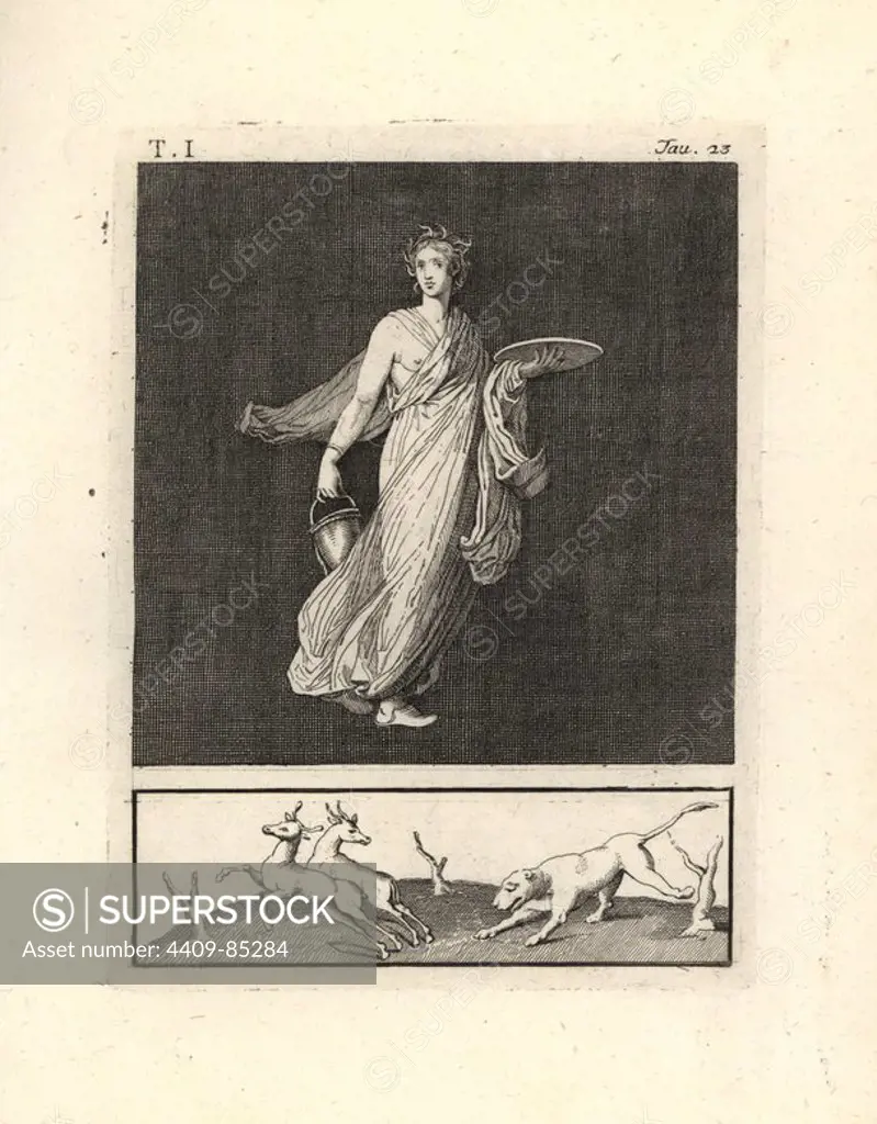 Painting removed from a wall of a room, possibly a triclinium or dining room, in a house in Pompeii in 1749. It shows a Cernophores dancer with basket and plate, a crown of wheat, and a fine white robe with sandals. The Cernophores imitated religious dances in festivals devoted to pleasure. Copperplate engraved by Tommaso Piroli from his own "Antichita di Ercolano" (Antiquities of Herculaneum), Rome, 1789. Italian artist and engraver Piroli (1752-1824) published six volumes between 1789 and 1807 documenting the murals and bronzes found in Heraculaneum and Pompeii.