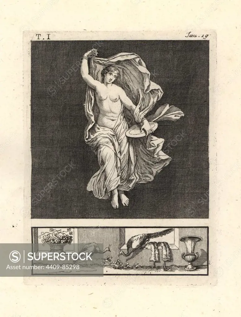 Painting removed from a wall of a room, possibly a triclinium or dining room, in a house in Pompeii in 1749. It shows Venus, or a dancer or bacchant representing her, dancing gracefully with a disk of gold and blue diaphanous veil. Copperplate engraved by Tommaso Piroli from his own "Antichita di Ercolano" (Antiquities of Herculaneum), Rome, 1789. Italian artist and engraver Piroli (1752-1824) published six volumes between 1789 and 1807 documenting the murals and bronzes found in Heraculaneum and Pompeii.