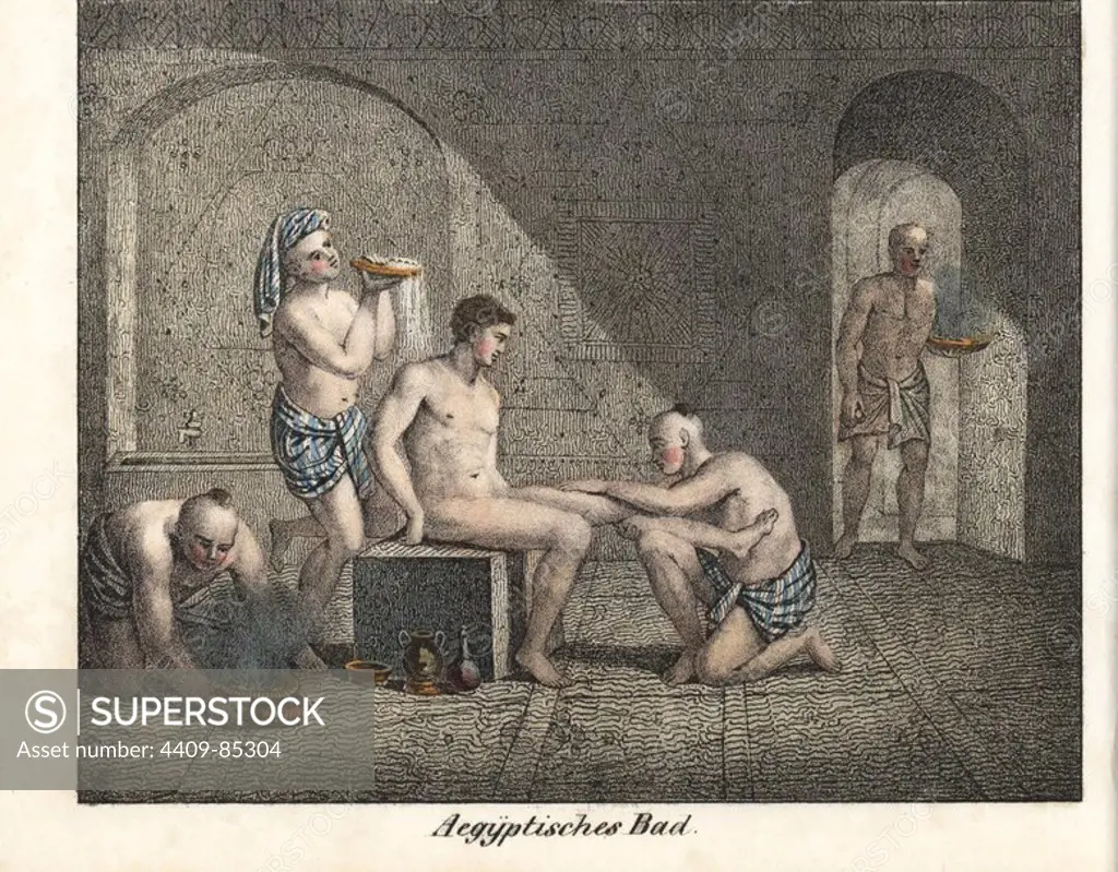 Egyptian bath with naked male customer being massaged by one attendant in loincloth, while another pours water over his back and a third brings hot coals to heat oils. Handcoloured lithograph from Friedrich Wilhelm Goedsche's "Vollstaendige Völkergallerie in getreuen Abbildungen" (Complete Gallery of Peoples in True Pictures), Meissen, circa 1835-1840. Goedsche (1785-1863) was a German writer, bookseller and publisher in Meissen. Many of the illustrations were adapted from Bertuch's "Bilderbuch fur Kinder" and others.