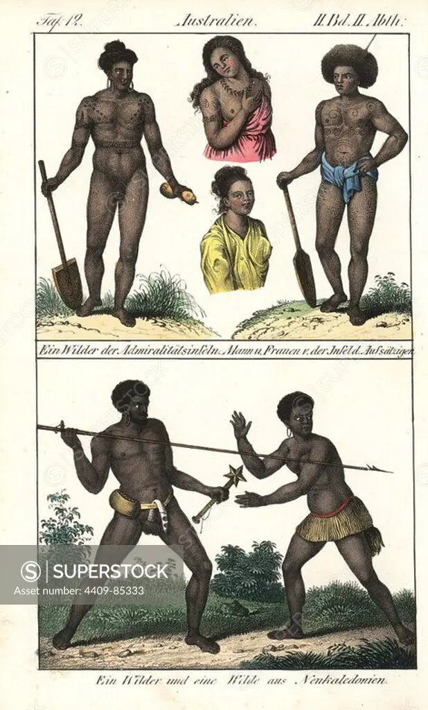 Native of Admiralty Island with paddle, men and women of the island of lepers, and native of New Caledonia with spear, mace, and penis tube, and woman in grass skirt. Handcoloured lithograph from Friedrich Wilhelm Goedsche's "Vollstaendige Völkergallerie in getreuen Abbildungen" (Complete Gallery of Peoples in True Pictures), Meissen, circa 1835-1840. Goedsche (1785-1863) was a German writer, bookseller and publisher in Meissen. Illustration adapted from Freycinet's "Voyage autour du monde," 1820.