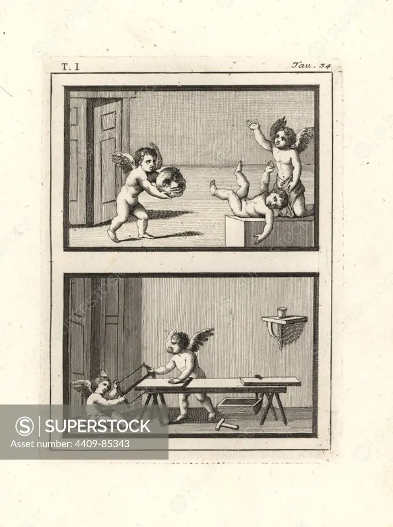 Cupids or genii playing games. Above, a cupid holding the mask of Mormolyce, a Greek phantom, frightens two other cupids. Below, two cupids play at carpentry or joinery, with saw, hammer, bench and toolbox. Copperplate engraved by Tommaso Piroli from his own "Antichita di Ercolano" (Antiquities of Herculaneum), Rome, 1789. Italian artist and engraver Piroli (1752-1824) published six volumes between 1789 and 1807 documenting the murals and bronzes found in Heraculaneum and Pompeii.