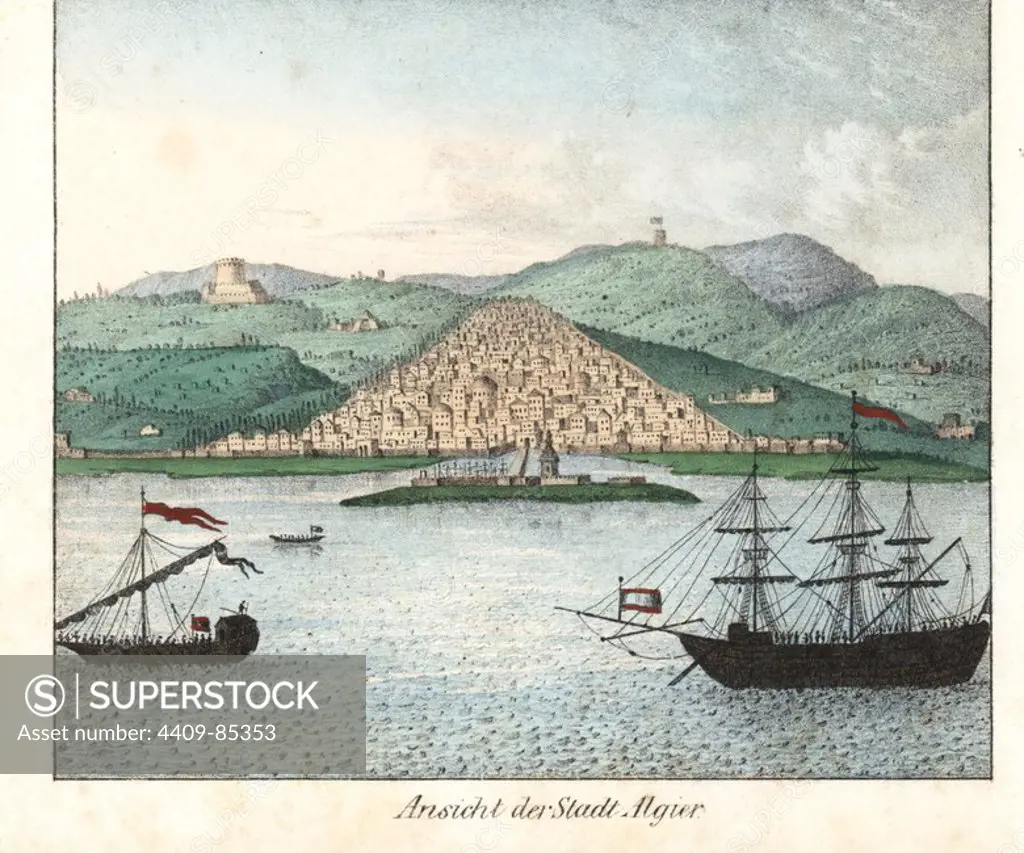 View of the port of Algiers, North Africa, from the Mediterranean, with several ships in the foreground and castle above the town. Handcoloured lithograph from Friedrich Wilhelm Goedsche's "Vollstaendige Völkergallerie in getreuen Abbildungen" (Complete Gallery of Peoples in True Pictures), Meissen, circa 1835-1840. Goedsche (1785-1863) was a German writer, bookseller and publisher in Meissen. Many of the illustrations were adapted from Bertuch's "Bilderbuch fur Kinder" and others.