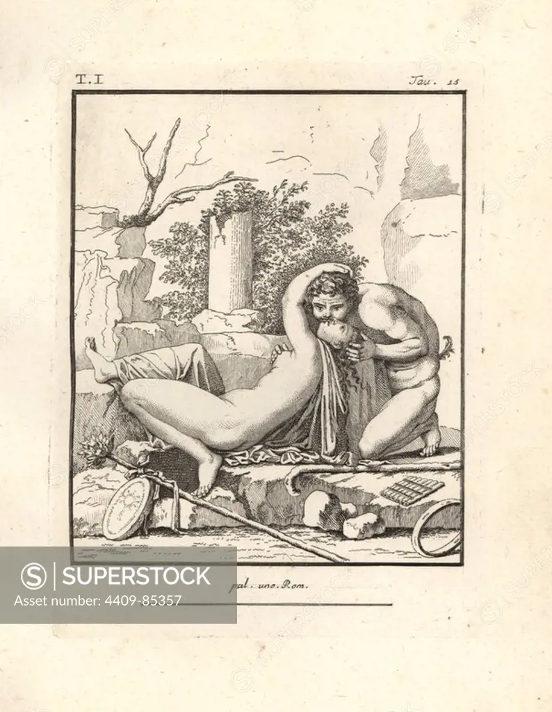 A bacchant surprised by a faun in a desolate mountain spot. At the faun's feet are his curved stick or pedum, seven-pipe flute or syrinx, and a Rhombus, a percussion instrument like a tambourine. At the bacchant's feet are a sacred staff or thyrsus decorated with a red ribbon, and a typanum drum decorated with a picture of a sistrum. Copperplate engraved by Tommaso Piroli from his own "Antichita di Ercolano" (Antiquities of Herculaneum), Rome, 1789. Italian artist and engraver Piroli (1752-1824) published six volumes between 1789 and 1807 documenting the murals and bronzes found in Heraculaneum and Pompeii.