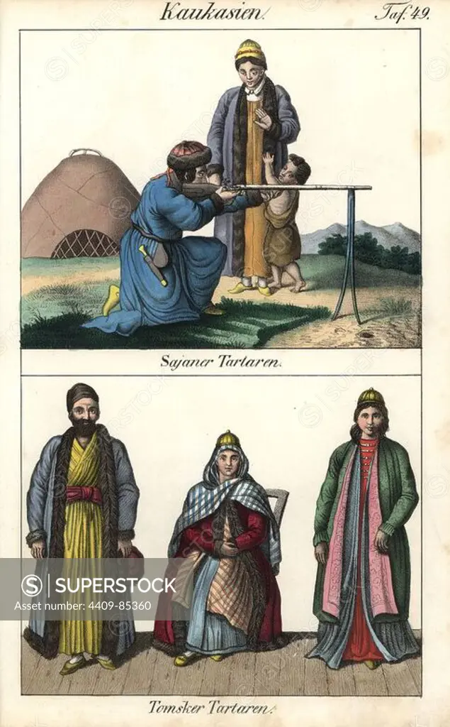 Siberian Tatars: A man from the Sayan mountains firing a musket in front of a woman and child, and a man and two women Tatars from Tomsk. Handcoloured lithograph from Friedrich Wilhelm Goedsche's "Vollstaendige Völkergallerie in getreuen Abbildungen" (Complete Gallery of Peoples in True Pictures), Meissen, circa 1835-1840. Goedsche (1785-1863) was a German writer, bookseller and publisher in Meissen. Many of the illustrations were adapted from Bertuch's "Bilderbuch fur Kinder" and others.