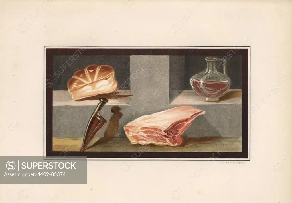 Painting of a still life showing meat, wine, bread and a knife from the ala at house 16, Regio IX, Insula V. Illustration drawn by Discanno and lithographed by Victor Steeger from Emil Presuhn's "Pompeji. Die Neuesten Ausgrabungen von 1874-1881," Weigel, Leipzig, 1882. German archeologist Presuhn (1844-1881) lived in Italy for eight years and, with Mr. Discanno and Miss Amy Butts, made exact copies of many wall paintings that are now lost.
