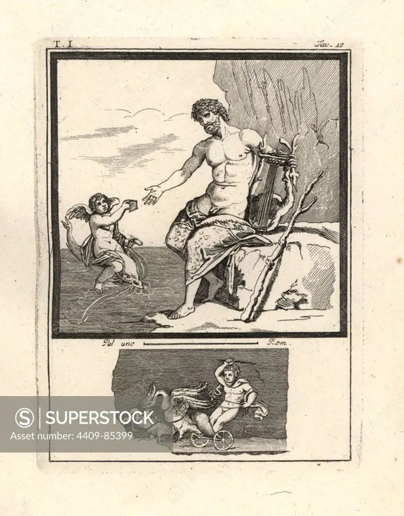 The Cyclops Polyphemus who fell in love with the nymph Galatea. He is shown with two eyes holding a lyre as he receives a message from Galatea brought by a Genius or cupid on a dolphin. The vignette below shows a cupid in a small carriage driven by swans. Copperplate engraved by Tommaso Piroli from his own "Antichita di Ercolano" (Antiquities of Herculaneum), Rome, 1789. Italian artist and engraver Piroli (1752-1824) published six volumes between 1789 and 1807 documenting the murals and bronzes found in Heraculaneum and Pompeii.