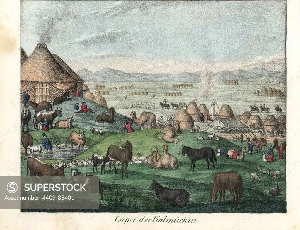 A Kalmyk village showing many ghers and people tending to camels, horses, cattle, and goats. Handcoloured lithograph from Friedrich Wilhelm Goedsche's "Vollstaendige Völkergallerie in getreuen Abbildungen" (Complete Gallery of Peoples in True Pictures), Meissen, circa 1835-1840. Goedsche (1785-1863) was a German writer, bookseller and publisher in Meissen. Many of the illustrations were adapted from Bertuch's "Bilderbuch fur Kinder" and others.