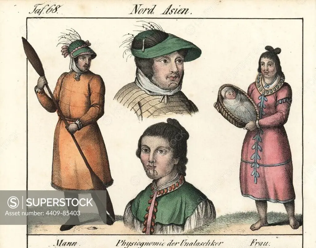 Aleuts from Unalaska island. Man in fur-lined coat with canoe paddle, and woman with baby in papoose. Portraits of both showing facial decoration, piercing and tattoos. Handcoloured lithograph from Friedrich Wilhelm Goedsche's "Vollstaendige Völkergallerie in getreuen Abbildungen" (Complete Gallery of Peoples in True Pictures), Meissen, circa 1835-1840. Goedsche (1785-1863) was a German writer, bookseller and publisher in Meissen. Many of the illustrations were adapted from Bertuch's "Bilderbuch fur Kinder" and others.