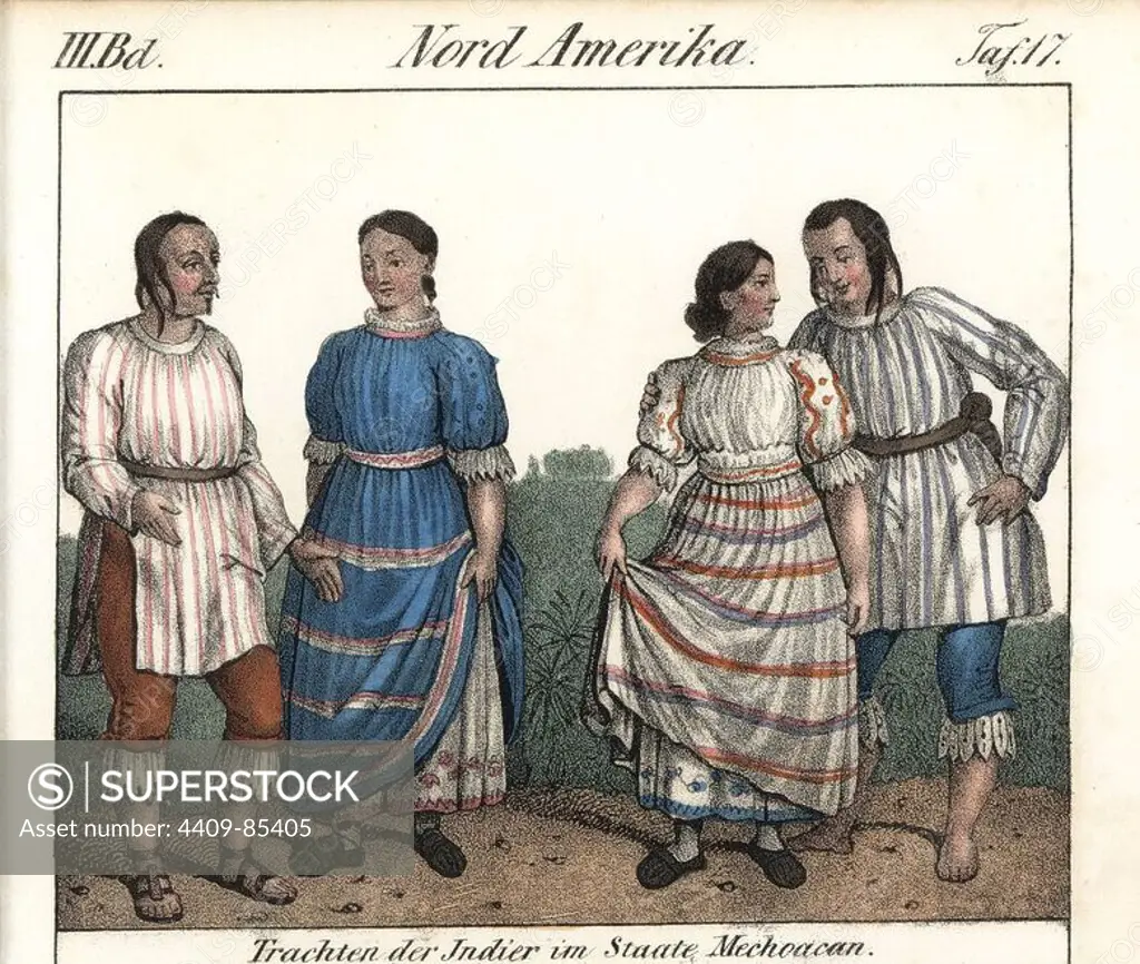 Costumes of the Purepecha or Tarascan people of Michoacan, Mexico, the men in tunics over breeches, and the women in long dresses. Handcoloured lithograph from Friedrich Wilhelm Goedsche's "Vollstaendige Völkergallerie in getreuen Abbildungen" (Complete Gallery of Peoples in True Pictures), Meissen, circa 1835-1840. Goedsche (1785-1863) was a German writer, bookseller and publisher in Meissen. Many of the illustrations were adapted from Bertuch's "Bilderbuch fur Kinder" and others.