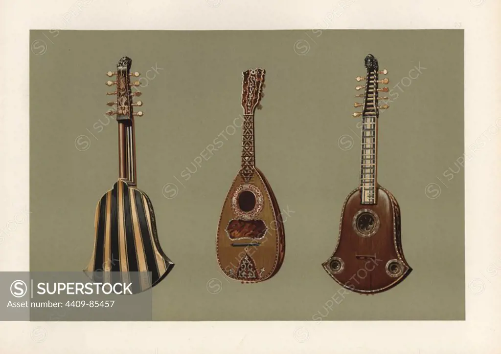 Ten-string Quintena or Chiterna (Italian guitar) in tortoiseshell with a back of ebony and ivory, manufactured by Joachim Tielke of Hamburg in 1676 (left and right), and mandoline lute in tortoiseshell and mother-of-pearl by Domenico Vinaccia of Naples in 1780 (centre). Chromolithograph from an illustration by William Gibb from A.J. Hipkins' "Musical Instruments, Historic, Rare and Unique," Adam and Charles Black, Edinburgh, 1888. Alfred James Hipkins (1826-1903) was an English musicologist who specialized in the history of the pianoforte and other instruments. William Gibb was a master illustrator and chromolithographer and illustrated "The Royal House of Stuart" (1890), "Naval and Military Trophies" (1896), and others.
