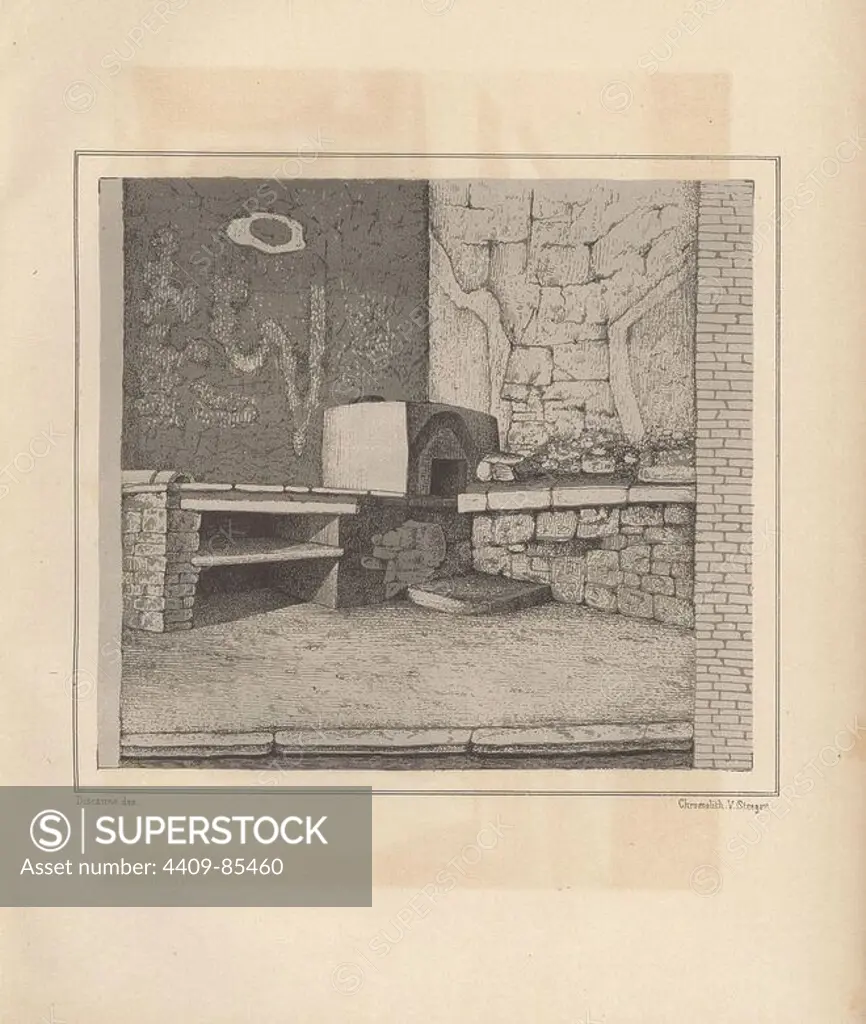 Kitchen of the new fullonica (fuller's shop), Regio VI; Insula XIV, 21. Illustration drawn by Discanno and lithographed by Victor Steeger from Emil Presuhn's "Pompeji. Die Neuesten Ausgrabungen von 1874-1881," Weigel, Leipzig, 1882. German archeologist Presuhn (1844-1881) lived in Italy for eight years and, with Mr. Discanno and Miss Amy Butts, made exact copies of many wall paintings that are now lost.
