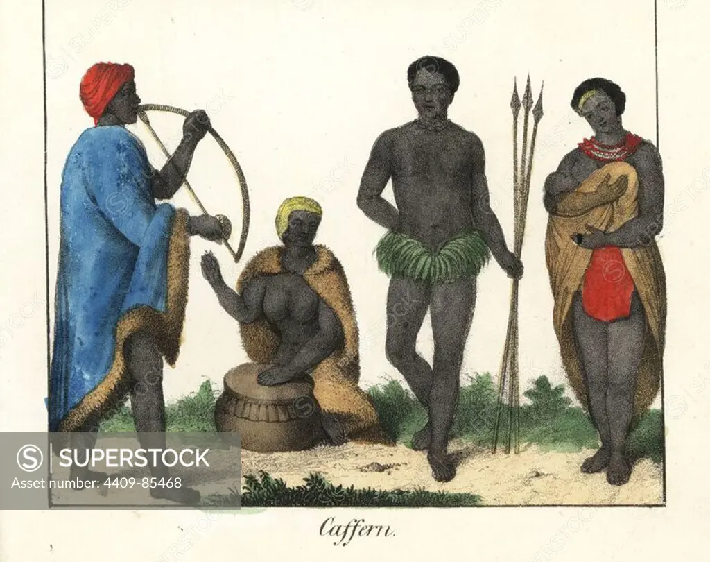 Costumes of the Xhosa people of South Africa. Musicians in fur-lined capes, a warrior in grass skirt with spears, and a woman suckling a baby. Handcoloured lithograph from Friedrich Wilhelm Goedsche's "Vollstaendige Völkergallerie in getreuen Abbildungen" (Complete Gallery of Peoples in True Pictures), Meissen, circa 1835-1840. Goedsche (1785-1863) was a German writer, bookseller and publisher in Meissen. Many of the illustrations were adapted from Bertuch's "Bilderbuch fur Kinder" and others.