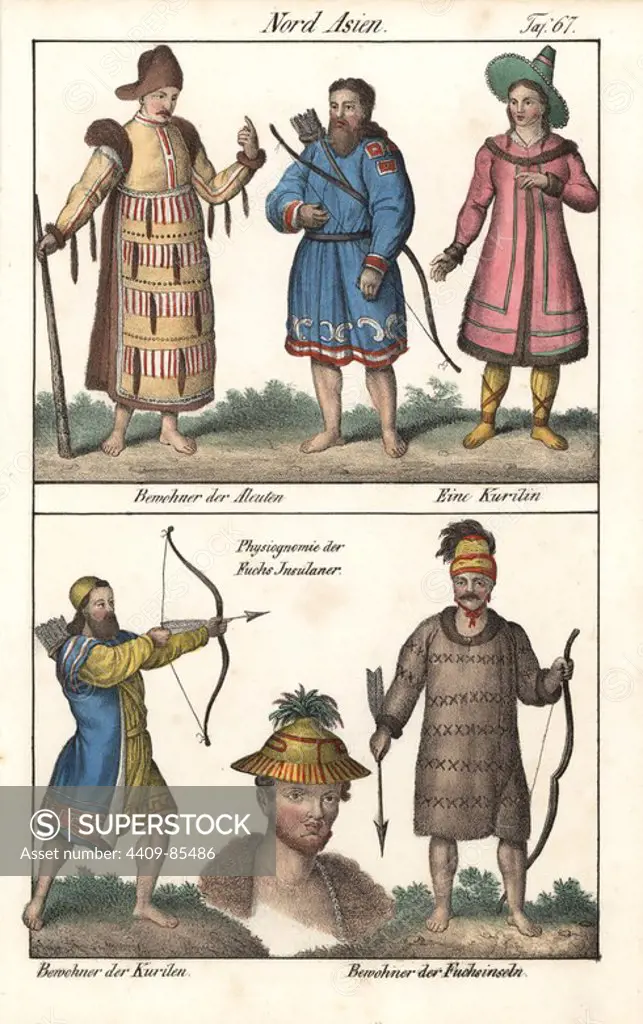 Inhabitants of the Aleutian, Kuril and Fuchs islands. Aleut men in hunting clothes, Ainu man and woman of Kuril, and a Fuchs islander in hunting garb. Handcoloured lithograph from Friedrich Wilhelm Goedsche's "Vollstaendige Völkergallerie in getreuen Abbildungen" (Complete Gallery of Peoples in True Pictures), Meissen, circa 1835-1840. Goedsche (1785-1863) was a German writer, bookseller and publisher in Meissen. Many of the illustrations were adapted from Bertuch's "Bilderbuch fur Kinder" and others.