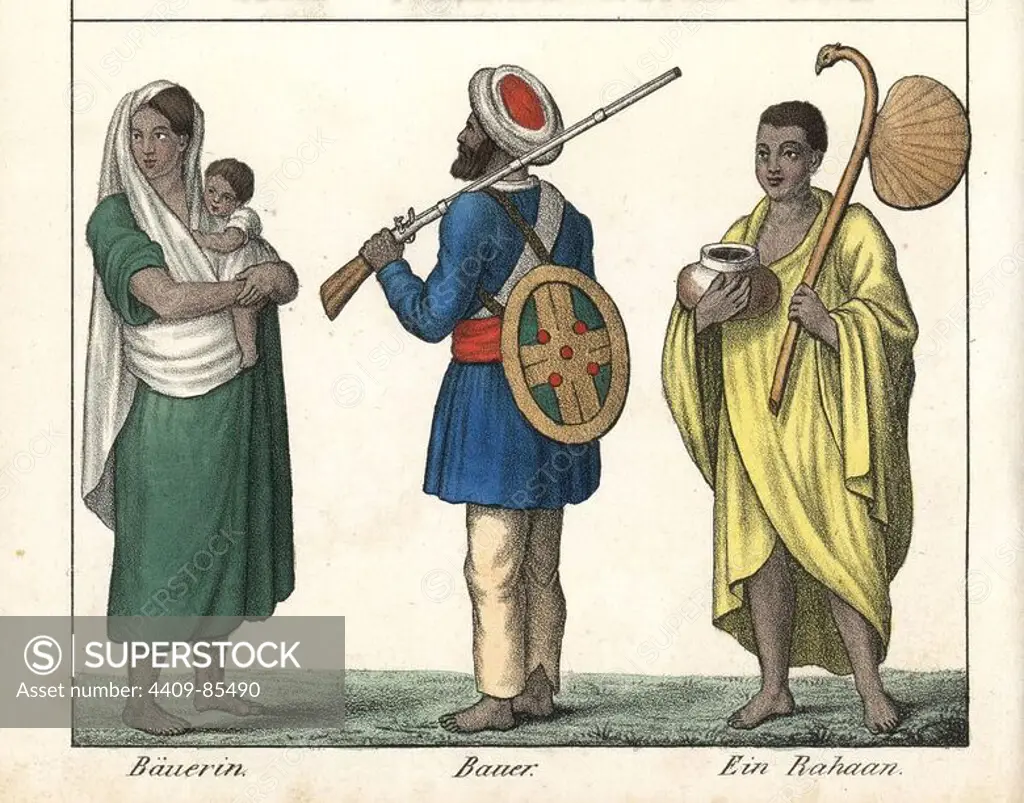 Costumes of Indian farmer with shield and rifle, woman farmer with baby, and monk with begging bowl and saffron robes. Handcoloured lithograph from Friedrich Wilhelm Goedsche's "Vollstaendige Völkergallerie in getreuen Abbildungen" (Complete Gallery of Peoples in True Pictures), Meissen, circa 1835-1840. Goedsche (1785-1863) was a German writer, bookseller and publisher in Meissen. Many of the illustrations were adapted from Bertuch's "Bilderbuch fur Kinder" and others.