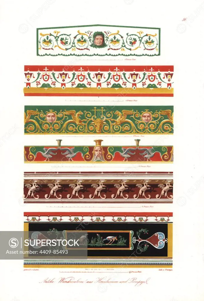 Murals from Pompeii and Heraculaneum (circa 300BC to AD79): friezes from the House of Castor and Pollux, the House of the Tragic Poet, etc. Handcoloured lithograph by Brose from an illustration by Wilhelm Zahn in his own "Ornamente aller klassischen Kunst-Epochen nach den Originalen in ihren eigenthumlichen Farben dargestellt" (Ornaments of all classical art epochs after the originals and depicted in their proper colours.), Dietrich Reimer, Berlin, 1870. It includes interior decorations by Giulio Romano in the Palazzo del Te, Mantua, medieval mosaics in Sicily, and Roman wall paintings from Pompeii and Herculaneum. Wilhelm Zahn (1800-1871) was a German artist, architect and academic who traveled around Europe documenting classical and Renaissance architecture.