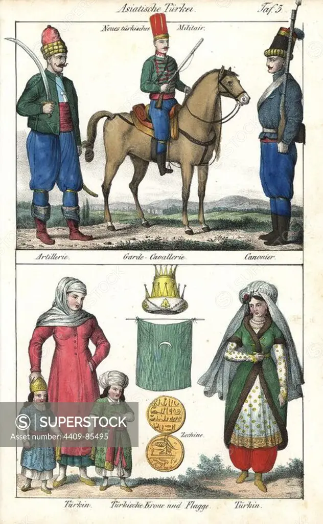 Uniforms of the new Turkish army above (cavalry, artillery man with scimitar and bombardier) and Turkish women and children below. Turkish flag and gold coins. Handcoloured lithograph from Friedrich Wilhelm Goedsche's "Vollstaendige Völkergallerie in getreuen Abbildungen" (Complete Gallery of Peoples in True Pictures), Meissen, circa 1835-1840. Goedsche (1785-1863) was a German writer, bookseller and publisher in Meissen. Many of the illustrations were adapted from Bertuch's "Bilderbuch fur Kinder" and others.