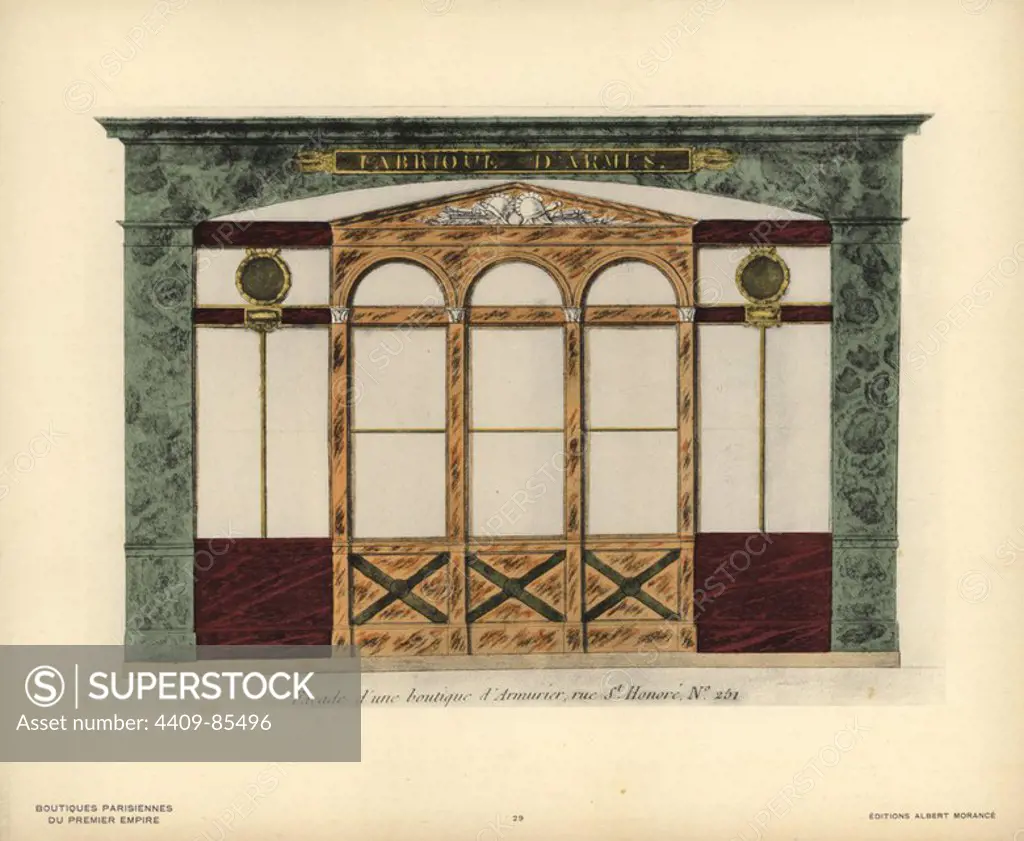 Shopfront of an armourer, 251 rue St. Honore, Paris, circa 1800. Handcoloured lithograph from Hector-Martin Lefuel's "Boutiques Parisiennes du Premier Empire," (Parisian Stores of the First Empire), Paris, Albert Morance, 1925. The lithographs were reproduced from watercolors by the French architect Hector-Martin Lefuel (1810-1880), famous for his work on the completion of the Louvre and Fontainebleau.