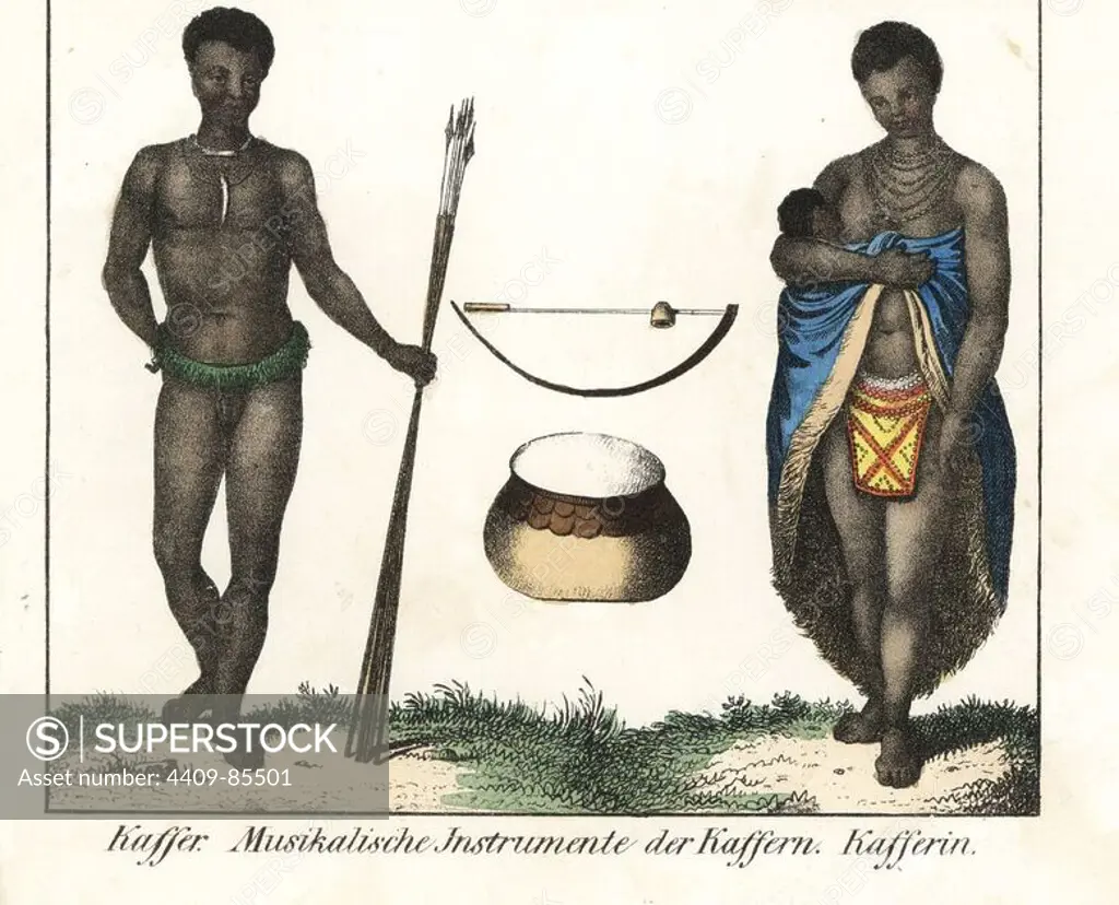 Xhosa man in grass belt with spears and woman suckling a baby in fur lined cloak over beaded apron. Musical instruments: drum and gourd bow. Handcoloured lithograph from Friedrich Wilhelm Goedsche's "Vollstaendige Völkergallerie in getreuen Abbildungen" (Complete Gallery of Peoples in True Pictures), Meissen, circa 1835-1840. Goedsche (1785-1863) was a German writer, bookseller and publisher in Meissen. Many of the illustrations were adapted from Bertuch's "Bilderbuch fur Kinder" and others.