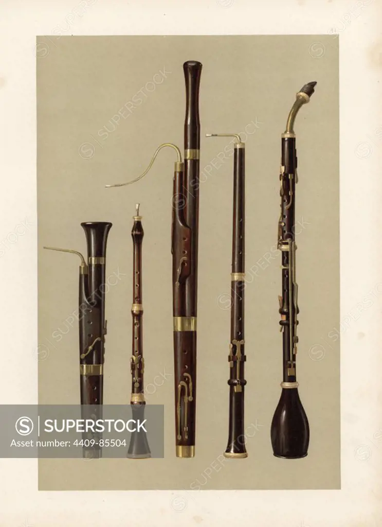 Dolciano (bassoon with a single reed), oboe, bassoon (developed from the bass pommer by Afranio in Ferrara in 1539), oboe da caccia (bassoon raised a 4th in pitch) and basset horn (alto clarinet, invented in 1770). Chromolithograph from an illustration by William Gibb from A.J. Hipkins' "Musical Instruments, Historic, Rare and Unique," Adam and Charles Black, Edinburgh, 1888. Alfred James Hipkins (1826-1903) was an English musicologist who specialized in the history of the pianoforte and other instruments. William Gibb was a master illustrator and chromolithographer and illustrated "The Royal House of Stuart" (1890), "Naval and Military Trophies" (1896), and others.