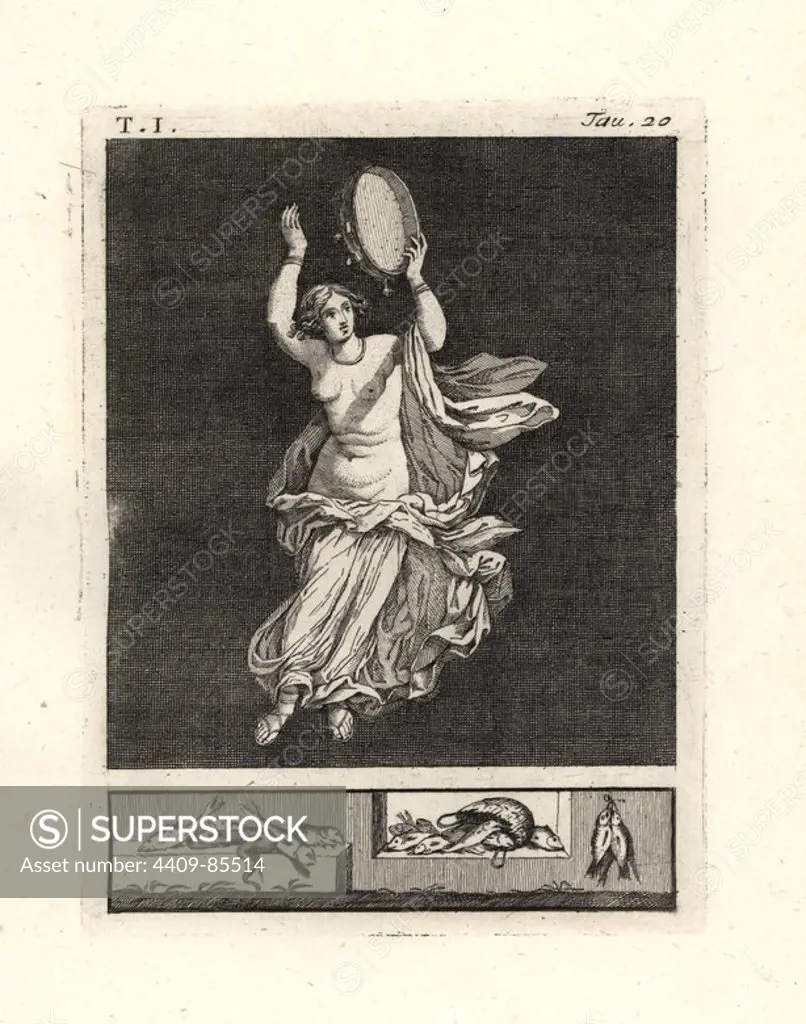 Painting removed from a wall of a room, possibly a triclinium or dining room, in a house in Pompeii in 1749. It shows a bacchant dancer striking a tympanum or tambourine with her hand. She wears a necklace and bracelets, and a fine robe in white lined with red, the colour of Bacchus. Copperplate engraved by Tommaso Piroli from his own "Antichita di Ercolano" (Antiquities of Herculaneum), Rome, 1789. Italian artist and engraver Piroli (1752-1824) published six volumes between 1789 and 1807 documenting the murals and bronzes found in Heraculaneum and Pompeii.