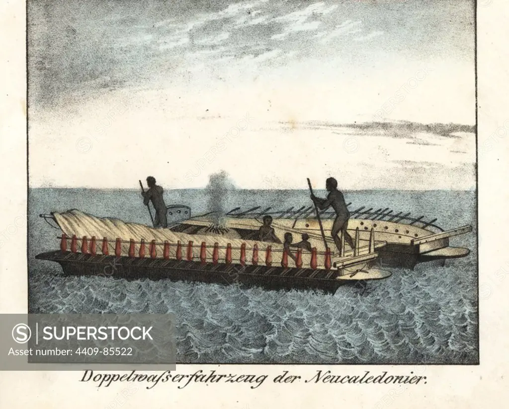 Naked natives on a dual-hull boat of New Caledonia. Handcoloured lithograph from Friedrich Wilhelm Goedsche's "Vollstaendige Völkergallerie in getreuen Abbildungen" (Complete Gallery of Peoples in True Pictures), Meissen, circa 1835-1840. Goedsche (1785-1863) was a German writer, bookseller and publisher in Meissen.