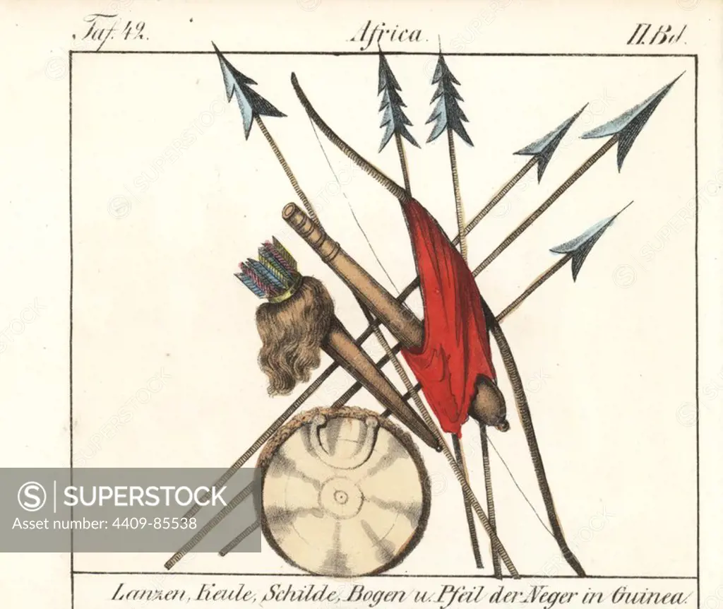 Weapons of Guinea, Africa: lances, club, shield, quiver, bow and arrows. Handcoloured lithograph from Friedrich Wilhelm Goedsche's "Vollstaendige Völkergallerie in getreuen Abbildungen" (Complete Gallery of Peoples in True Pictures), Meissen, circa 1835-1840. Goedsche (1785-1863) was a German writer, bookseller and publisher in Meissen. Many of the illustrations were adapted from Bertuch's "Bilderbuch fur Kinder" and others.