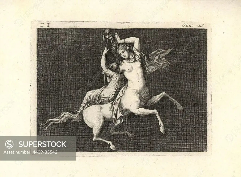 Painting removed from a wall of a room, possibly a triclinium or dining room, in a house in Pompeii in 1749. It shows a female centaur or centauress carrying a bacchant carrying a thyrsus or staff. The centauress holds a sprig of foliage in her left hand and with her right hand drapes a garland under the bacchant's arm. Copperplate engraved by Tommaso Piroli from his own "Antichita di Ercolano" (Antiquities of Herculaneum), Rome, 1789. Italian artist and engraver Piroli (1752-1824) published six volumes between 1789 and 1807 documenting the murals and bronzes found in Heraculaneum and Pompeii.