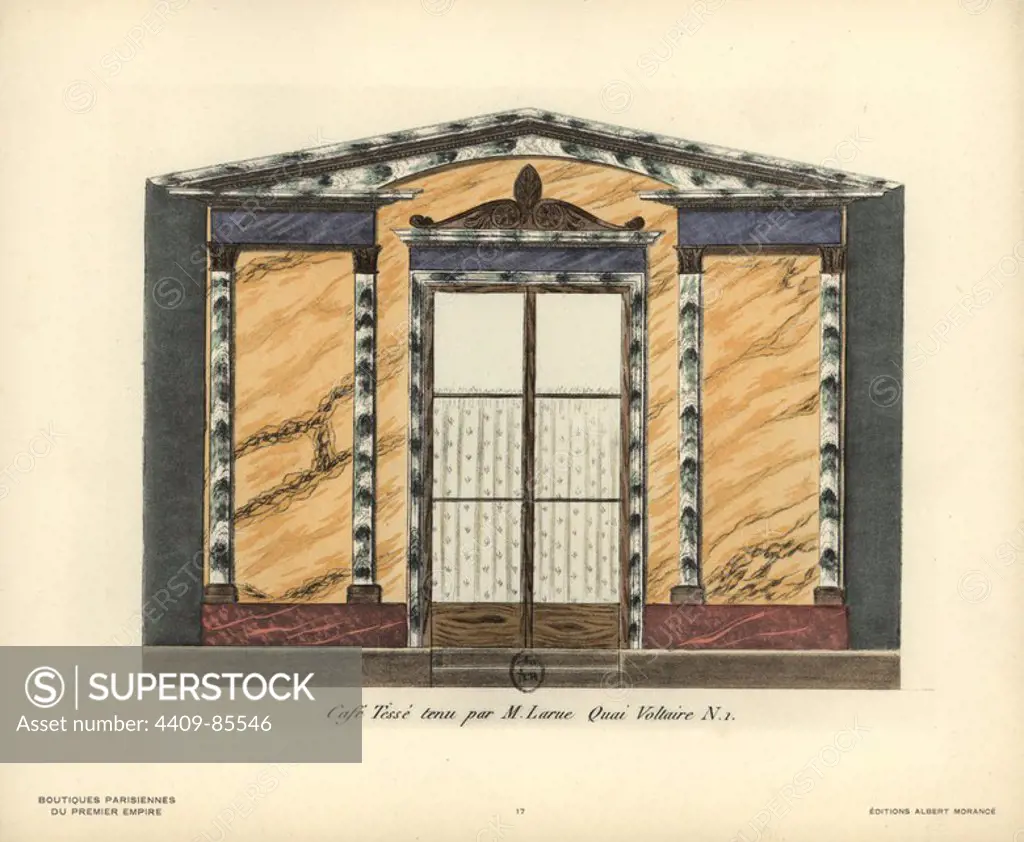 Shopfront of Cafe Tesse, 1 Quai Voltaire, Paris, circa 1800. Handcoloured lithograph from Hector-Martin Lefuel's "Boutiques Parisiennes du Premier Empire," (Parisian Stores of the First Empire), Paris, Albert Morance, 1925. The lithographs were reproduced from watercolors by the French architect Hector-Martin Lefuel (1810-1880), famous for his work on the completion of the Louvre and Fontainebleau.
