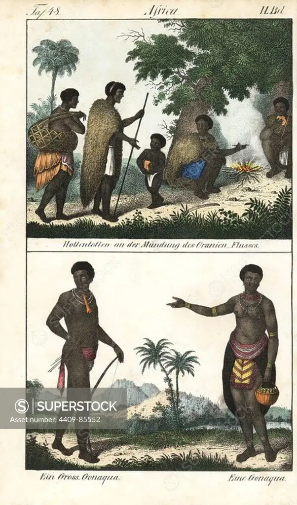 Khoikhoi in fur capes resting around a campfire near the Orange River estuary, and Gonaqua man and woman with bow and arrow, necklace, and beaded apron. Handcoloured lithograph from Friedrich Wilhelm Goedsche's "Vollstaendige Völkergallerie in getreuen Abbildungen" (Complete Gallery of Peoples in True Pictures), Meissen, circa 1835-1840. Goedsche (1785-1863) was a German writer, bookseller and publisher in Meissen. Many of the illustrations were adapted from Bertuch's "Bilderbuch fur Kinder" and others.