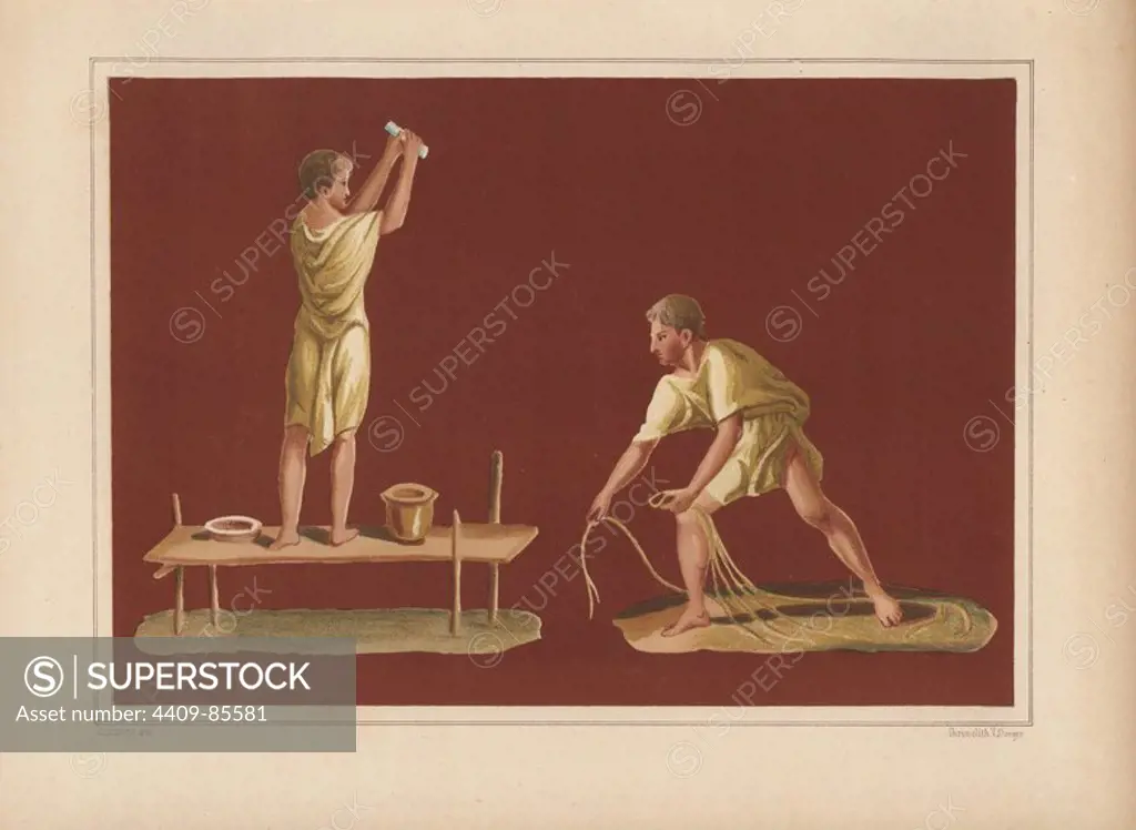 Wall painting of tradespeople from the House of the Pygmies (Casa dei Pygmeii) at 9, Regio IX, Insula V. At left, a plasterer or stucco artisan, and at right a man casting a net, perhaps a fisherman. Illustration drawn by Discanno and lithographed by Victor Steeger from Emil Presuhn's "Pompeji. Die Neuesten Ausgrabungen von 1874-1881," Weigel, Leipzig, 1882. German archeologist Presuhn (1844-1881) lived in Italy for eight years and, with Mr. Discanno and Miss Amy Butts, made exact copies of many wall paintings that are now lost.