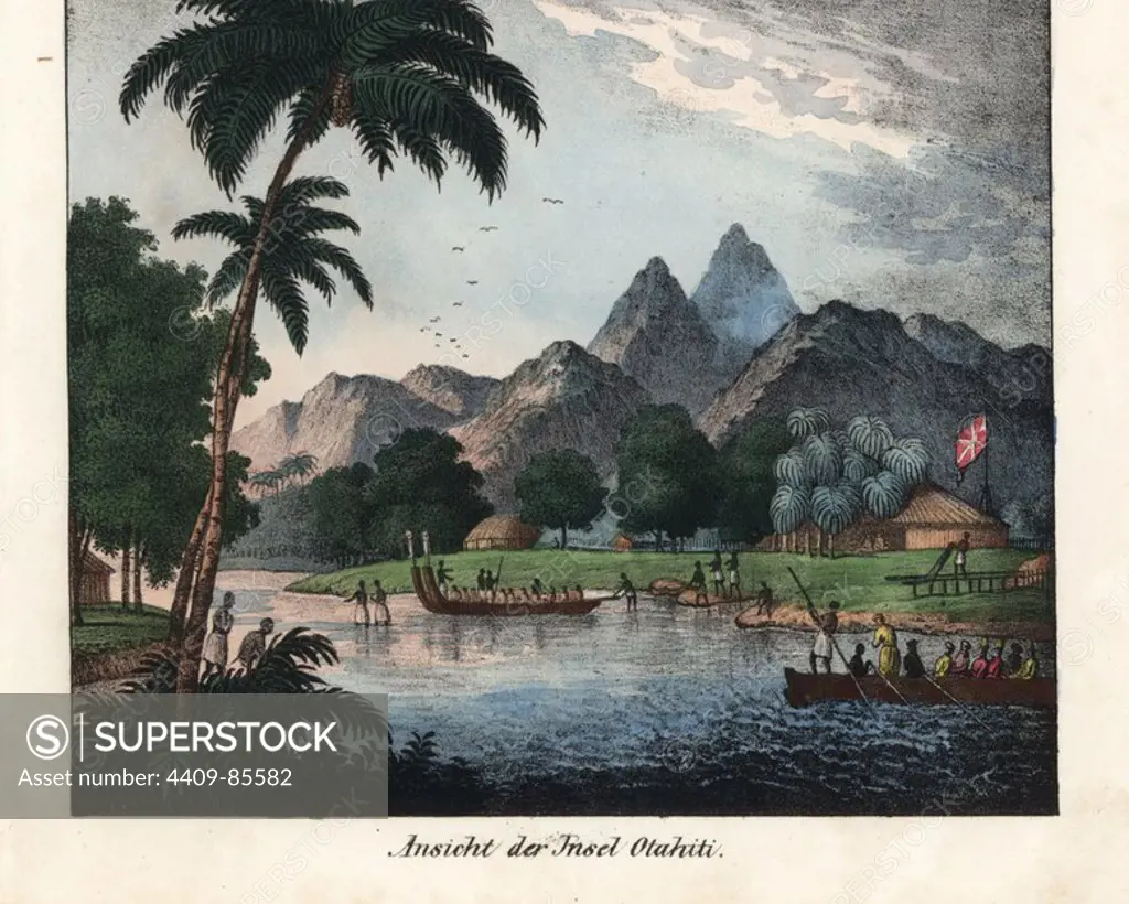 View of the island of Tahiti showing natives paddling long boats into a river in front of a village. Handcoloured lithograph from Friedrich Wilhelm Goedsche's "Vollstaendige Völkergallerie in getreuen Abbildungen" (Complete Gallery of Peoples in True Pictures), Meissen, circa 1835-1840. Goedsche (1785-1863) was a German writer, bookseller and publisher in Meissen.