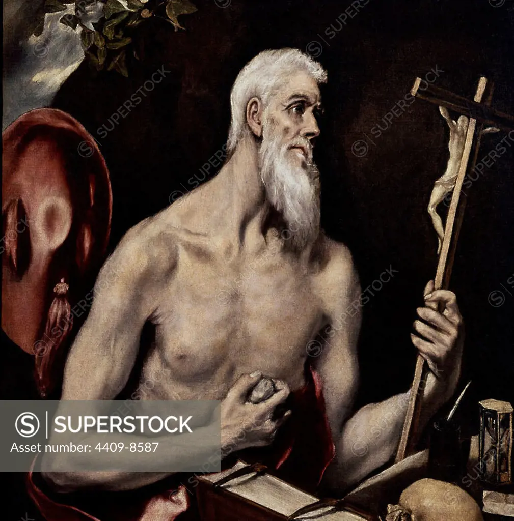 St. Jerome - oil on canvas - Spanish Manerism. Author: EL GRECO-Domenikos Theotokopoulos (1540-1614). Location: MUSEO DEL PRADO-PINTURA. MADRID. SPAIN. SAN JERONIMO (347-420).