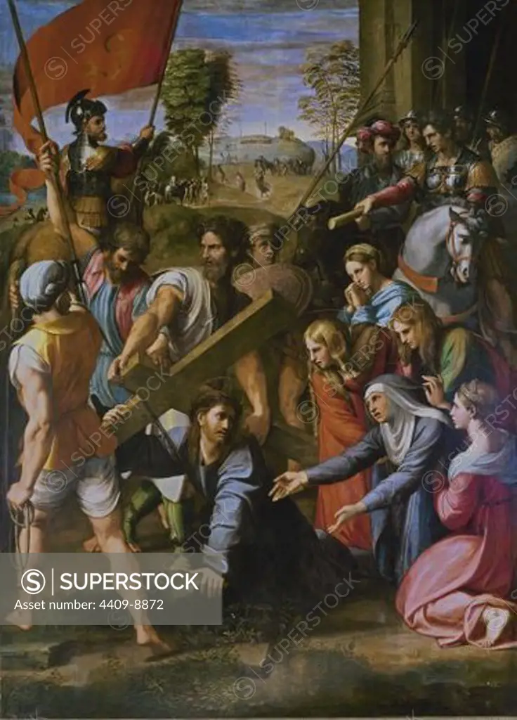 Jesus falling during his Martyrdom. 1517. Canvas (3.18x 2.29). Italian Renaissance. Madrid, Prado museum. Author: RAPHAEL. Location: MUSEO DEL PRADO-PINTURA, MADRID, SPAIN.