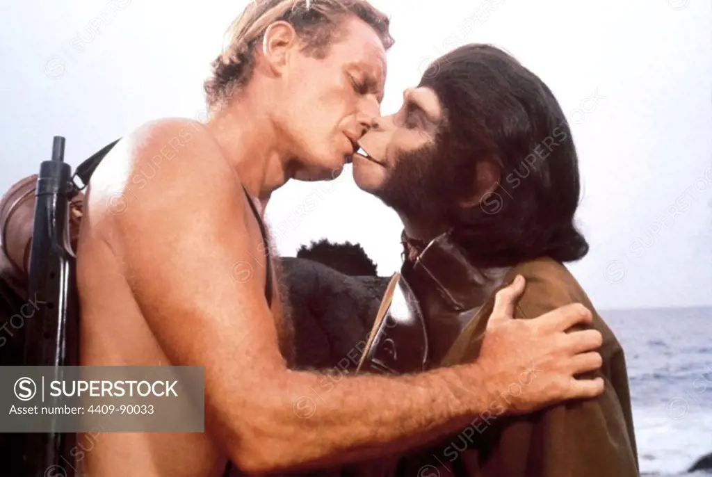 CHARLTON HESTON and KIM HUNTER in PLANET OF THE APES (1968), directed by FRANKLIN J. SCHAFFNER.
