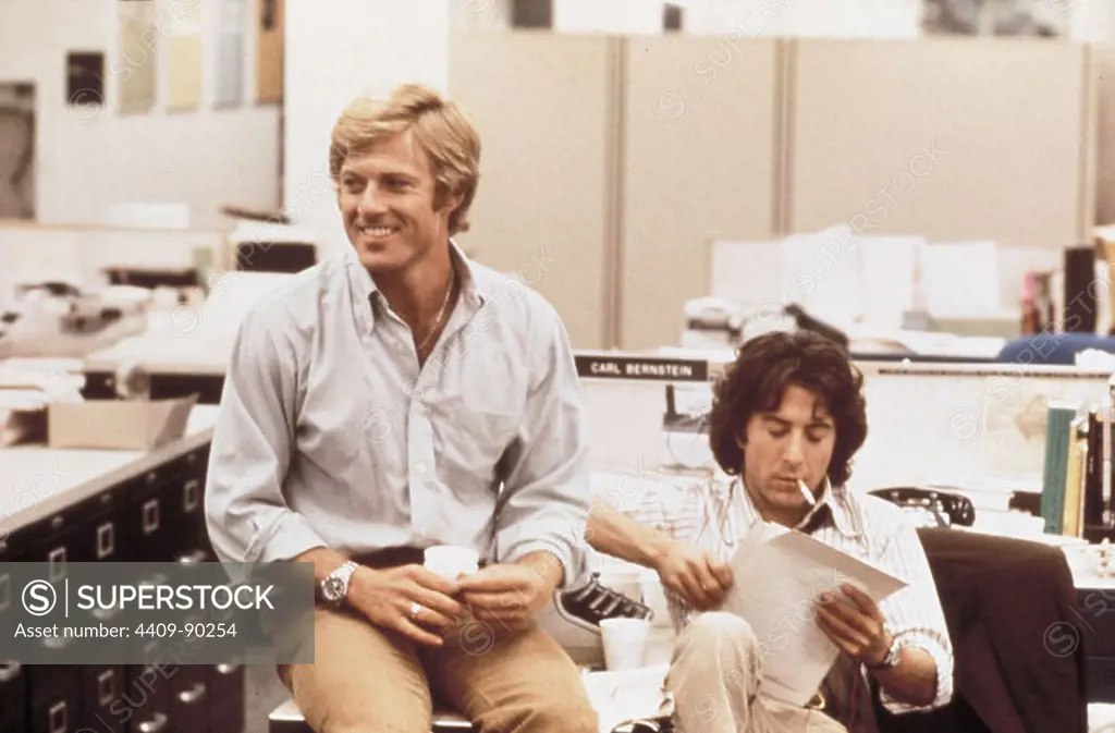 DUSTIN HOFFMAN and ROBERT REDFORD in ALL THE PRESIDENT'S MEN (1976), directed by ALAN J. PAKULA.