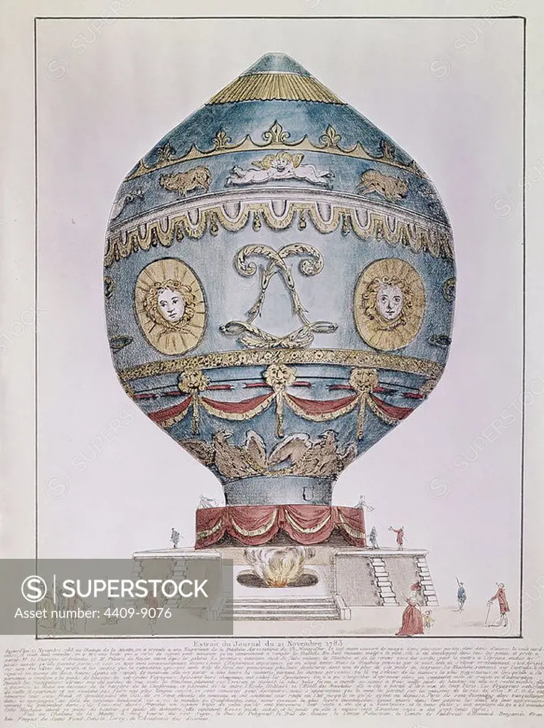 AEROSTATIC BALLOON, INVENTED BY MONTGOLFIER BROTHERS. 70 FEET HIGH, 40 FEET DIAMETER. JOURNAL 11/21/1783. Author: MONTGOLFIER JOSE Y ETIENNE. Location: PRIVATE COLLECTION. MADRID. SPAIN.