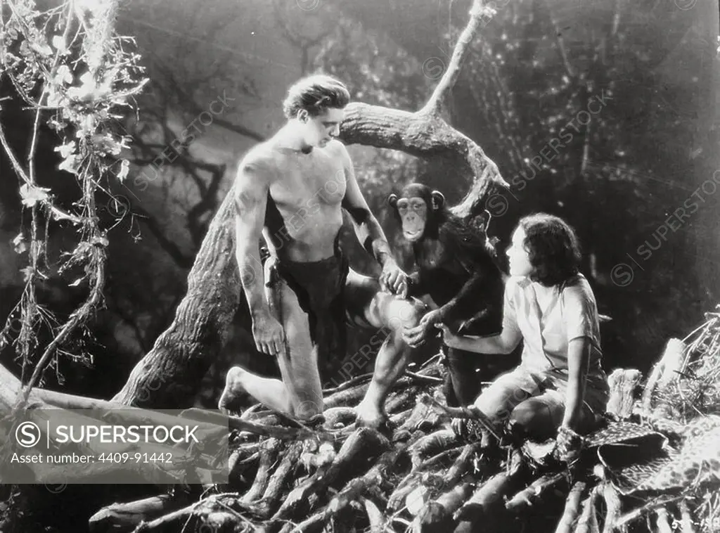 MAUREEN O'SULLIVAN, JOHNNY WEISSMULLER and CHITA CHEETAH in TARZAN, THE APE MAN (1932), directed by W. S. VAN DYKE.