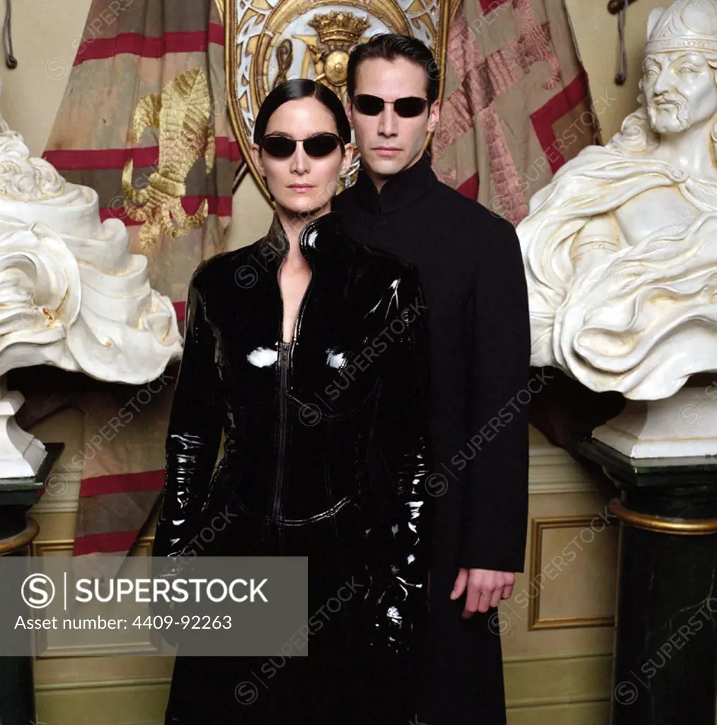 KEANU REEVES and CARRIE-ANNE MOSS in THE MATRIX RELOADED (2003), directed by ANDY WACHOWSKI and LARRY WACHOWSKI.