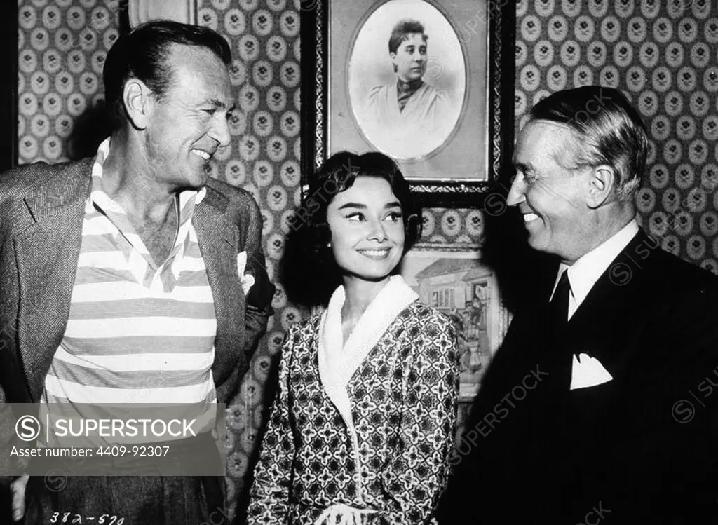 AUDREY HEPBURN, MAURICE CHEVALIER and GARY COOPER in LOVE IN THE AFTERNOON (1957), directed by BILLY WILDER.