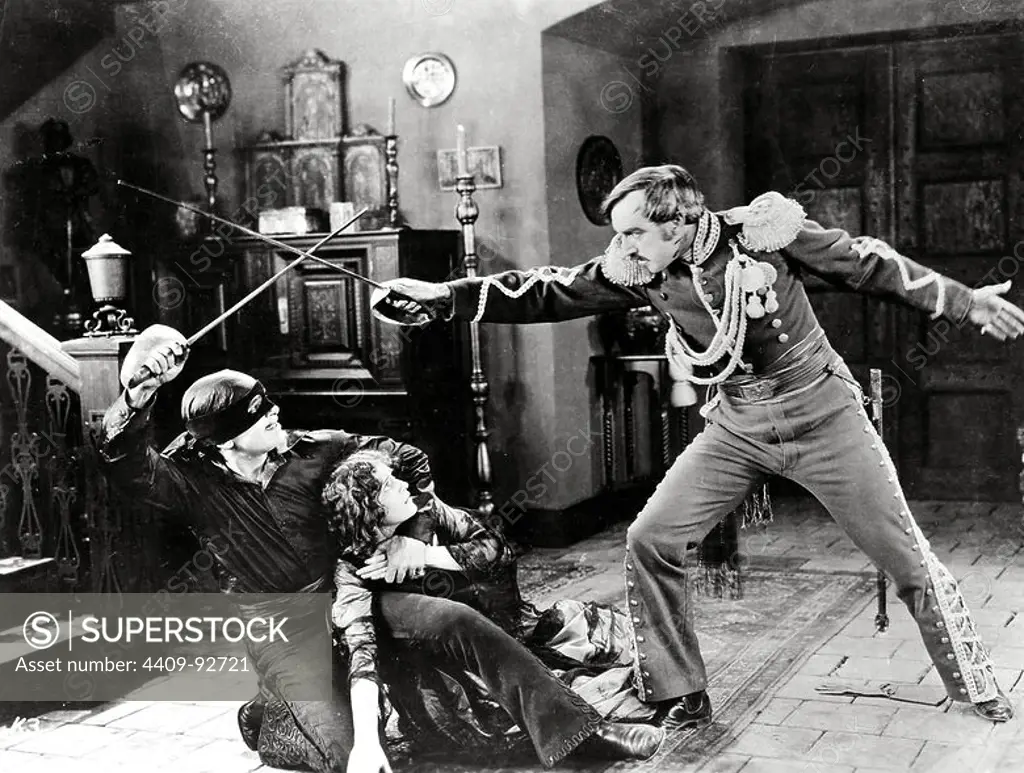 DOUGLAS FAIRBANKS, MARGUERITE DE LA MOTTE and NOAH BEERY in THE MARK OF ZORRO (1920), directed by FRED NIBLO.