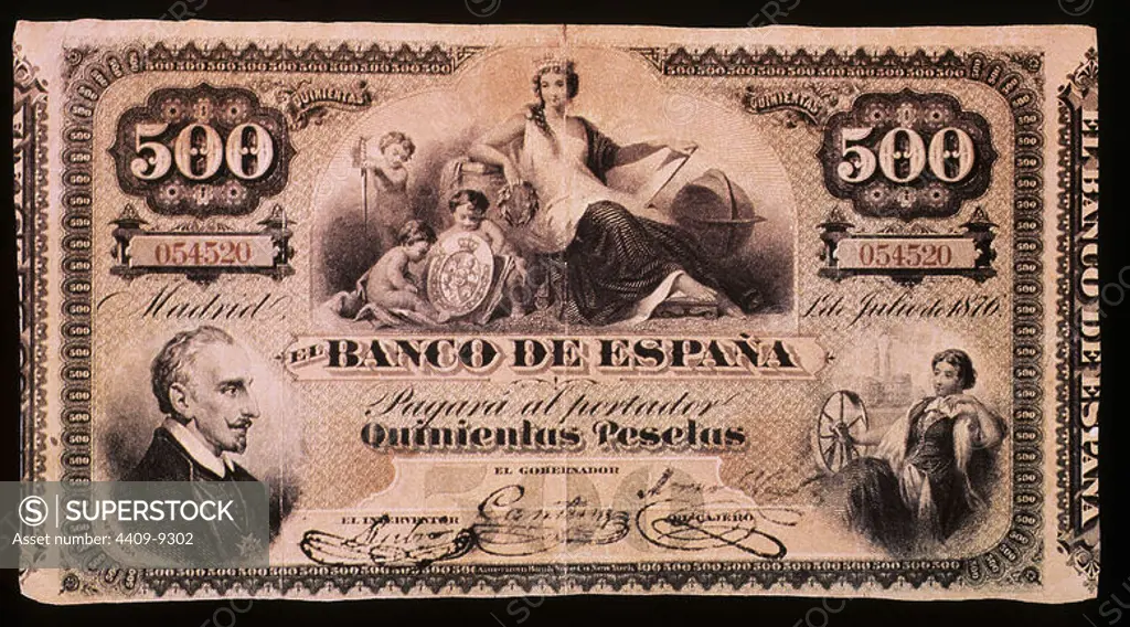 BILLETE DE 500 PESETAS 1876. Location: BANCO DE ESPAÑA-DOCUMENTOS. MADRID. SPAIN. FELIX LOPE DE VEGA (1562-1635).
