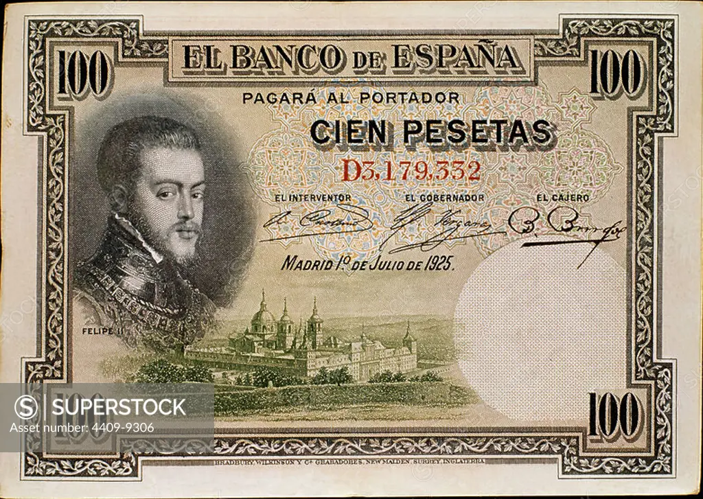 BILLETE DE 100 PESETAS 1925-ANVERSO. Location: BANCO DE ESPAÑA-DOCUMENTOS. MADRID. SPAIN. PHILIP II OF SPAIN.