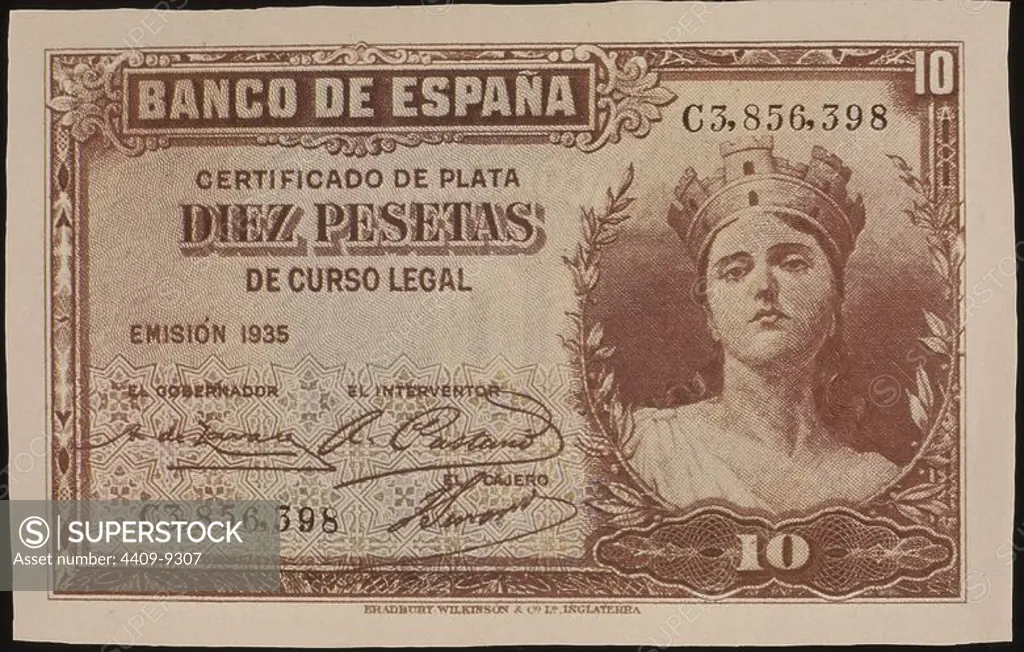 BILLETE DE 10 PESETAS DEL GOBIERNO DE LA REPUBLICA EMITIDO EN 1935. Location: BANCO DE ESPAÑA-DOCUMENTOS. MADRID. SPAIN.