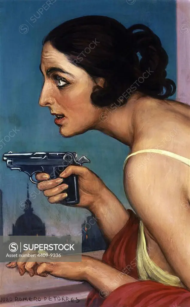 THE WOMAN OF THE GUN 1925-POSTER FOR THE SPANISH UNION OF EXPLOSIVES. Author: JULIO ROMERO DE TORRES. Location: SALA MUNICIPAL ARTE. CORDOBA. SPAIN.