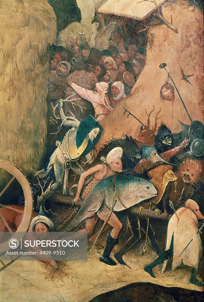 Dutch school. Detail of the Haywain (central panel): monsters and people trying to climb up. 1490. Madrid, Prado museum. Author: JHERONIMUS VAN AKEN-EL BOSCO-J. BOSCH. Location: MUSEO DEL PRADO-PINTURA. MADRID. SPAIN.