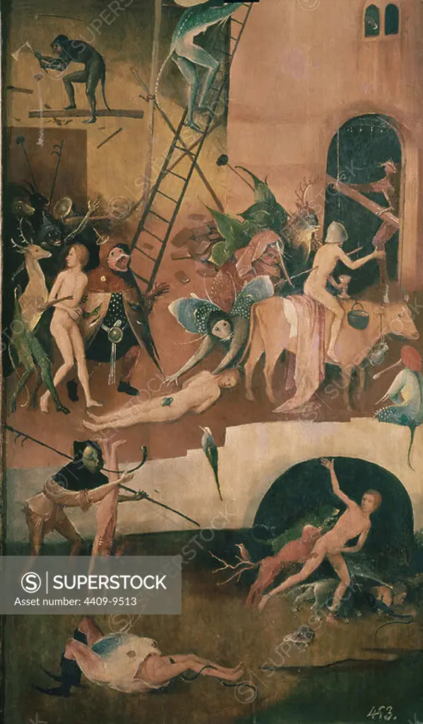 Dutch school. Detail of the The Haywain (right panel): Hell (building and torments). 1490. Madrid, Prado museum. Author: JHERONIMUS VAN AKEN-EL BOSCO-J. BOSCH. Location: MUSEO DEL PRADO-PINTURA. MADRID. SPAIN.