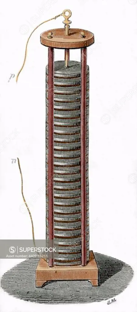 Voltaic pile invented by the italian physicist Alessandro Volta (1745-1827). Colored engraving.